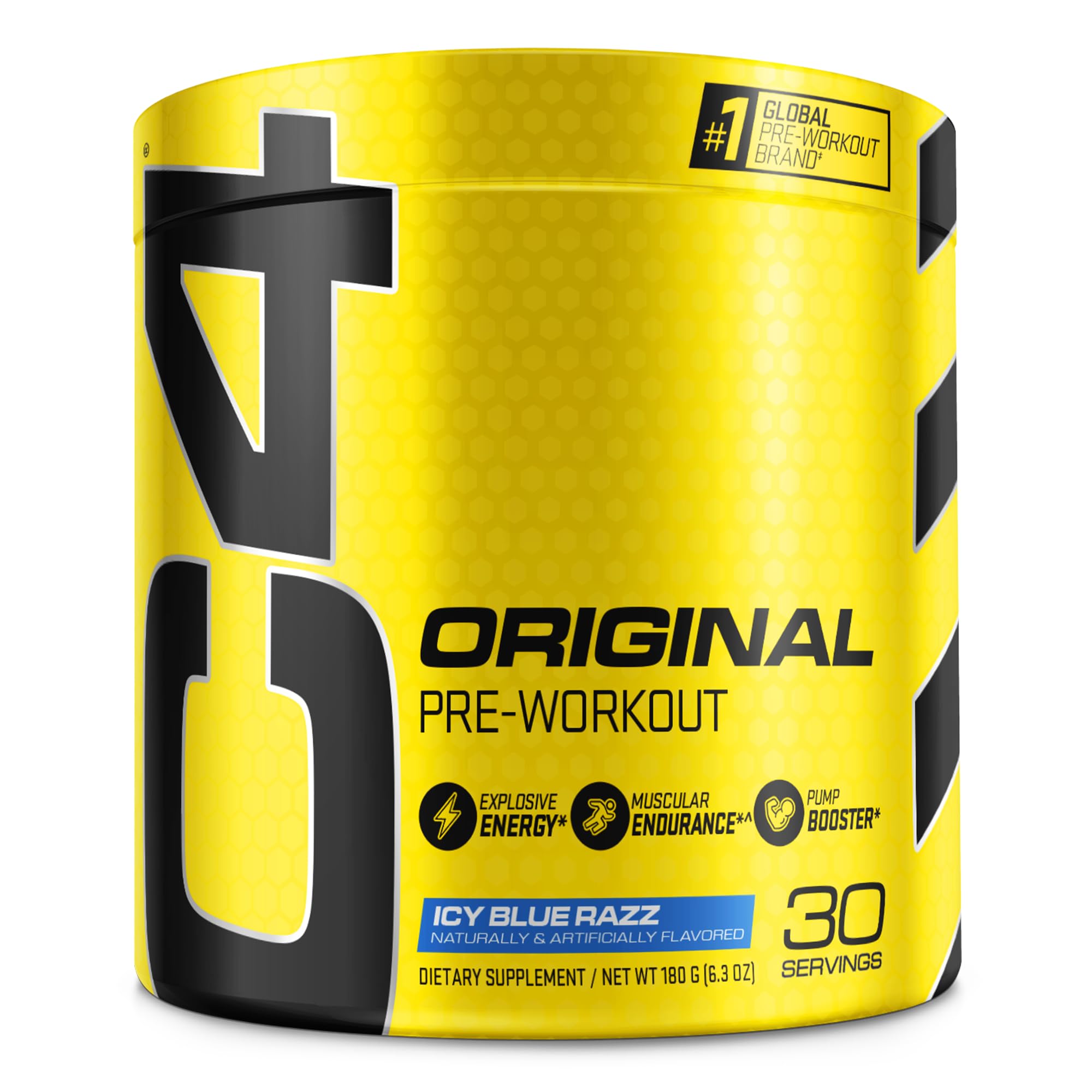 C4 Original pre-workout tub with icy blue razz boosts focus and energy during training.
