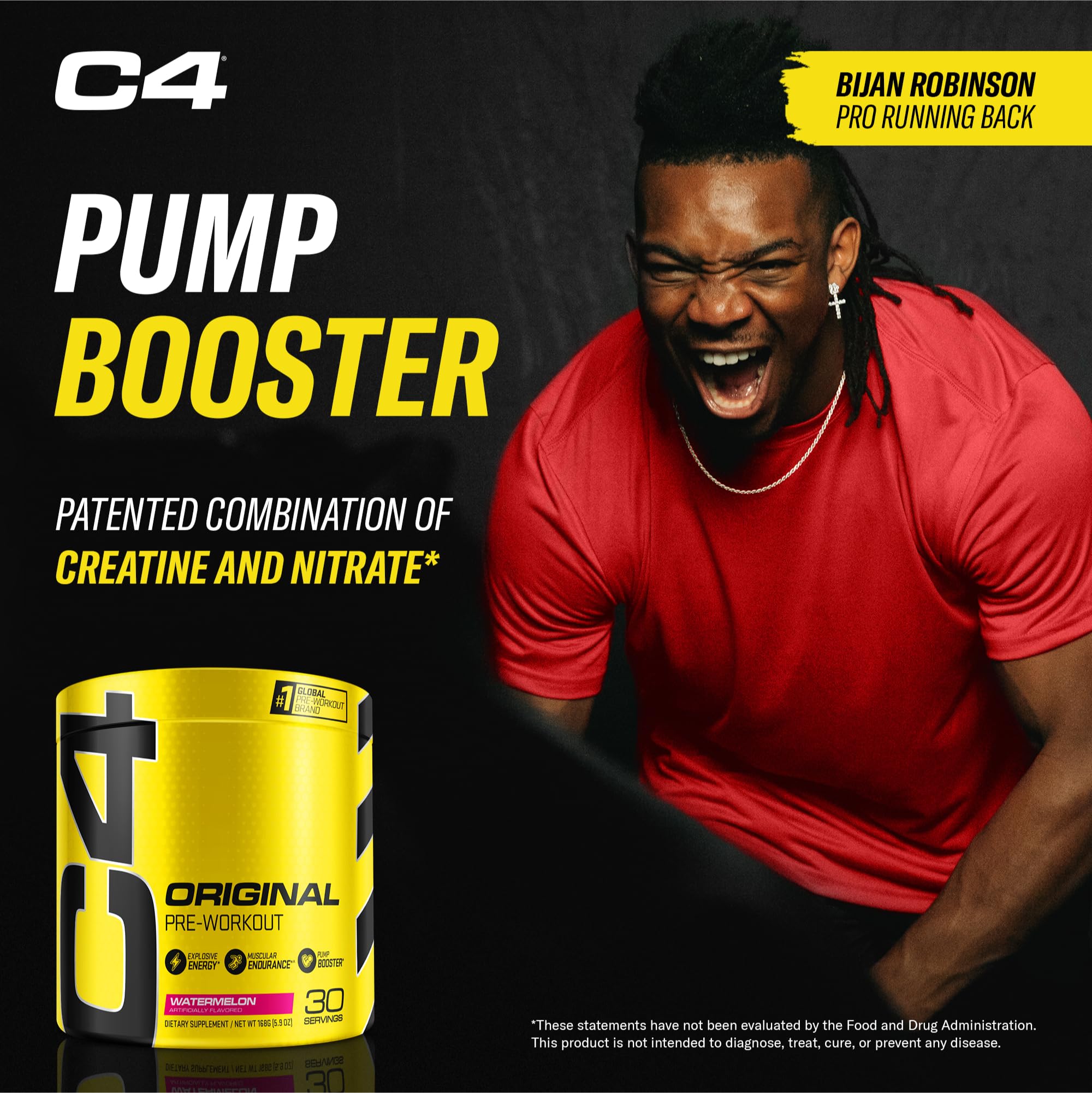 C4 Original Watermelon tub beside dumbbells suggests performance support.