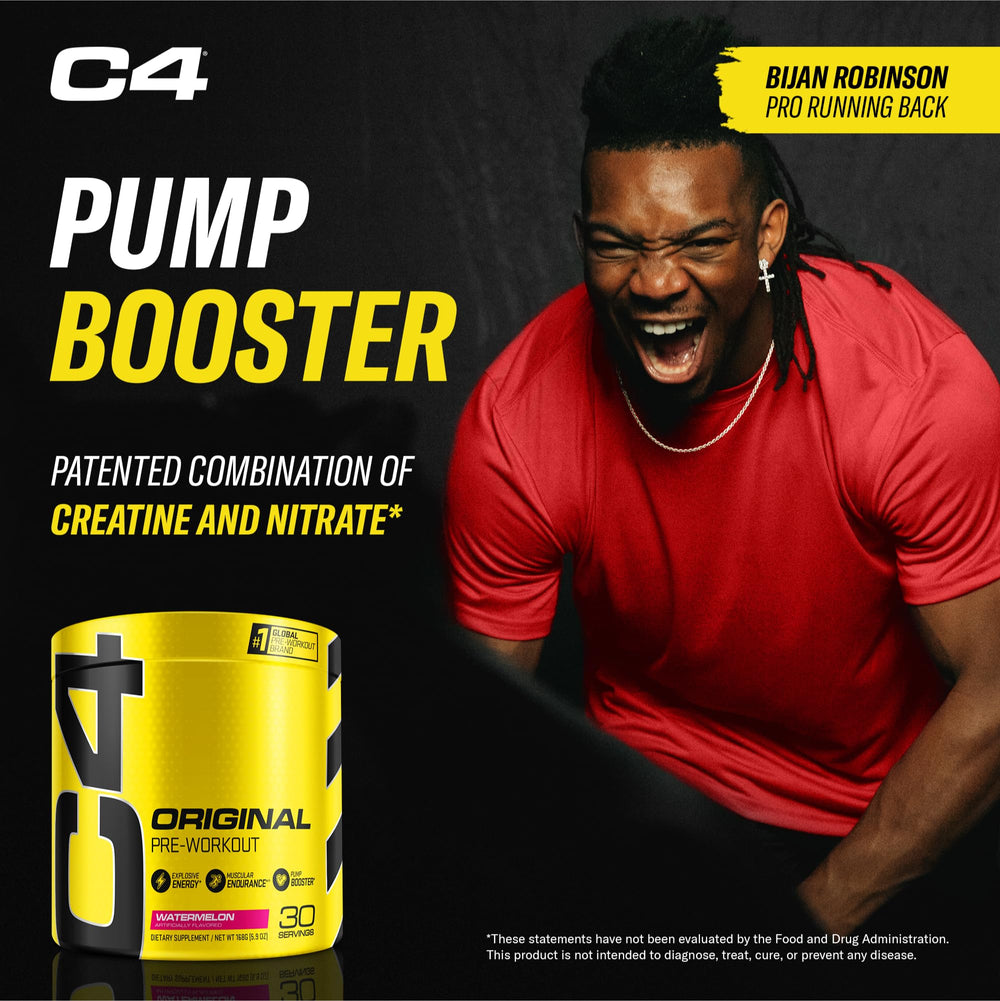 C4 Original Watermelon tub beside dumbbells suggests performance support.