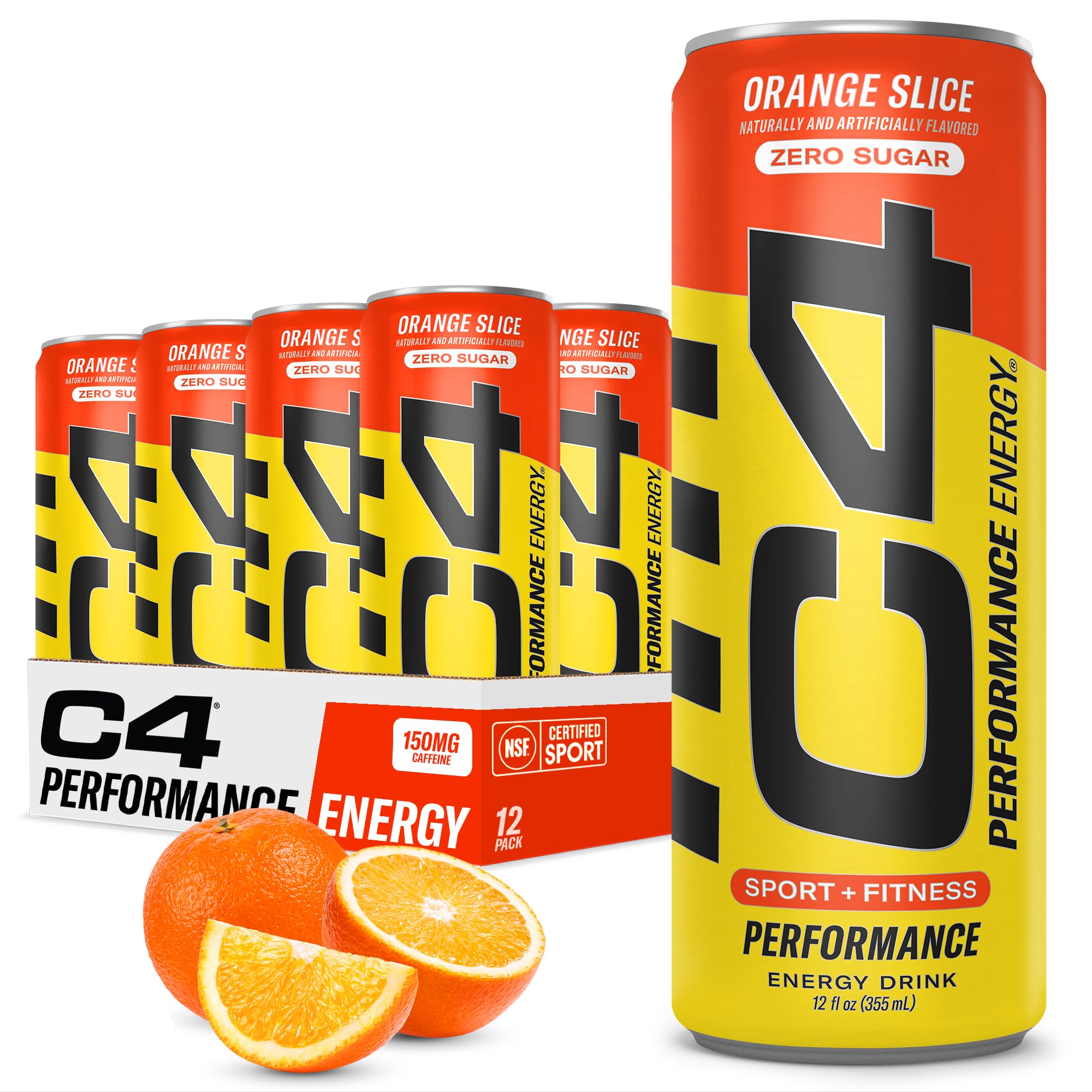 C4 Performance Energy can with orange slice, caffeine boost for workouts.