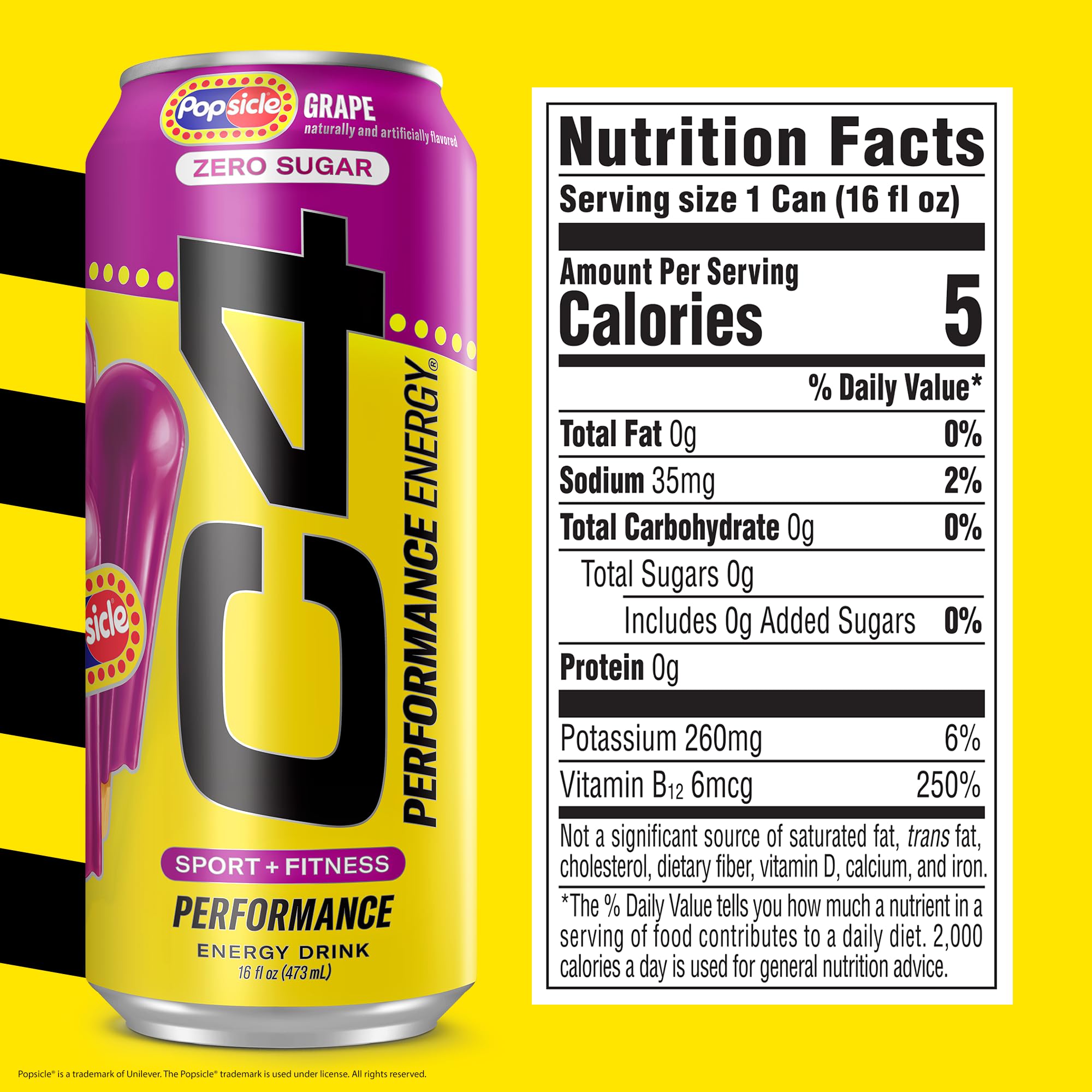 C4 Performance Energy grape popsicle can close-up shows caffeine content.