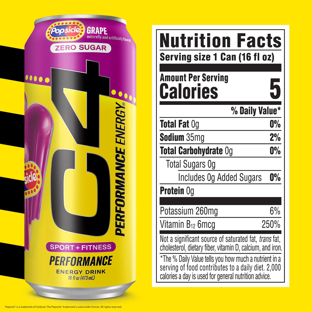 C4 Performance Energy grape popsicle can close-up shows caffeine content.