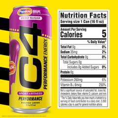 C4 Performance Energy grape popsicle can close-up shows caffeine content.