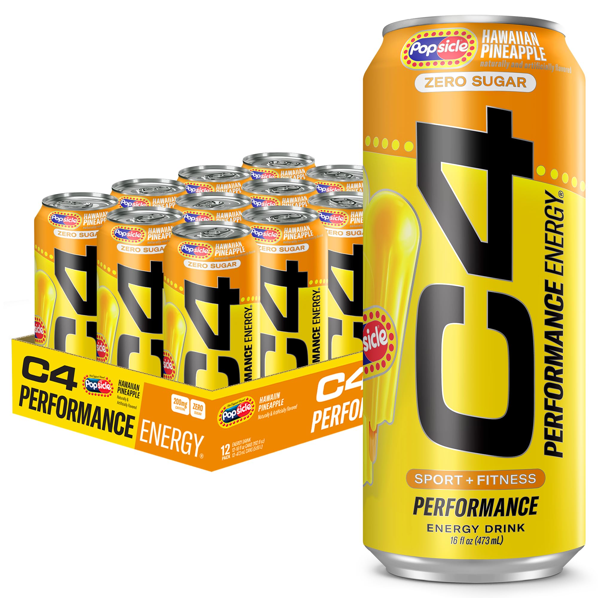 C4 Performance Energy can in hand with Hawaiian Pineapple Popsicle flavor for a refreshing energy boost.