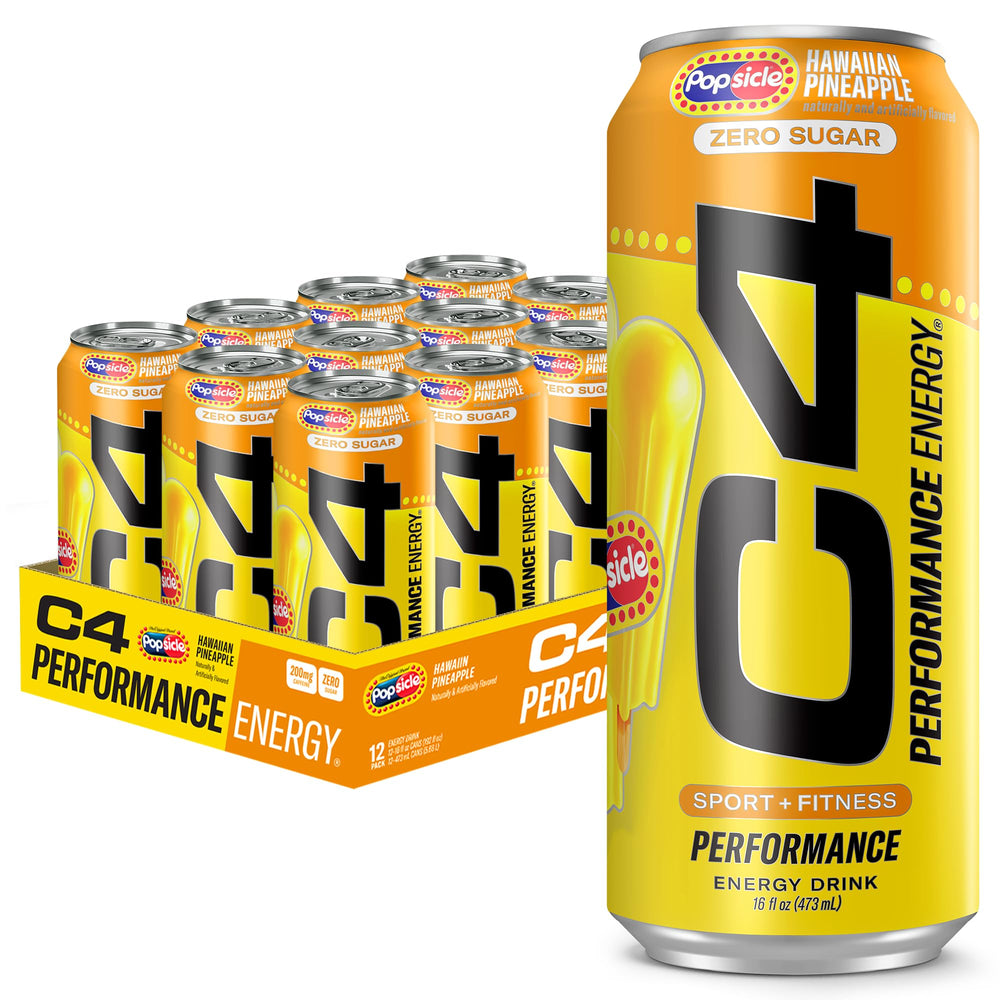 C4 Performance Energy can in hand with Hawaiian Pineapple Popsicle flavor for a refreshing energy boost.
