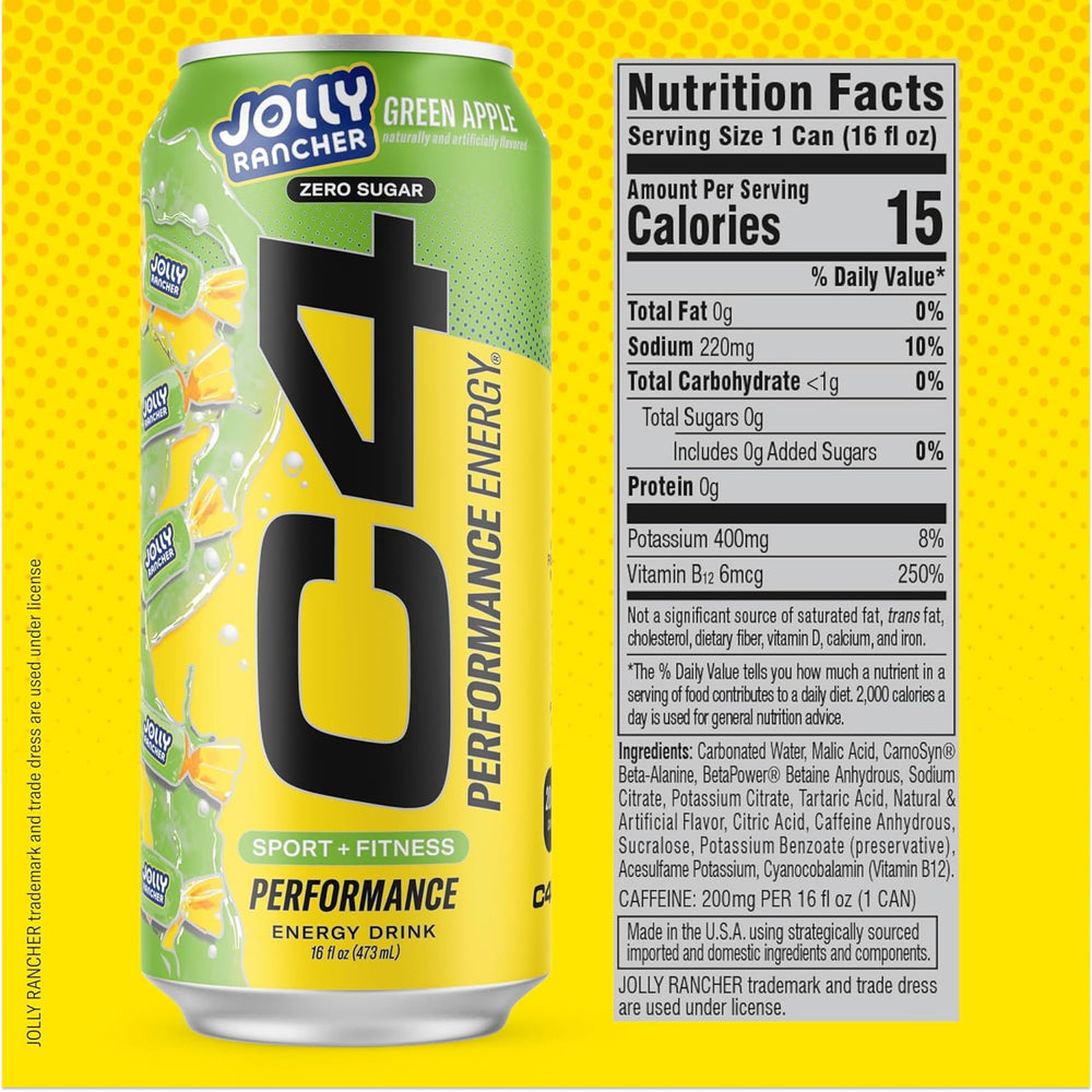 C4 Performance Energy peach bottle showcasing zero sugar and quick energy lift.
