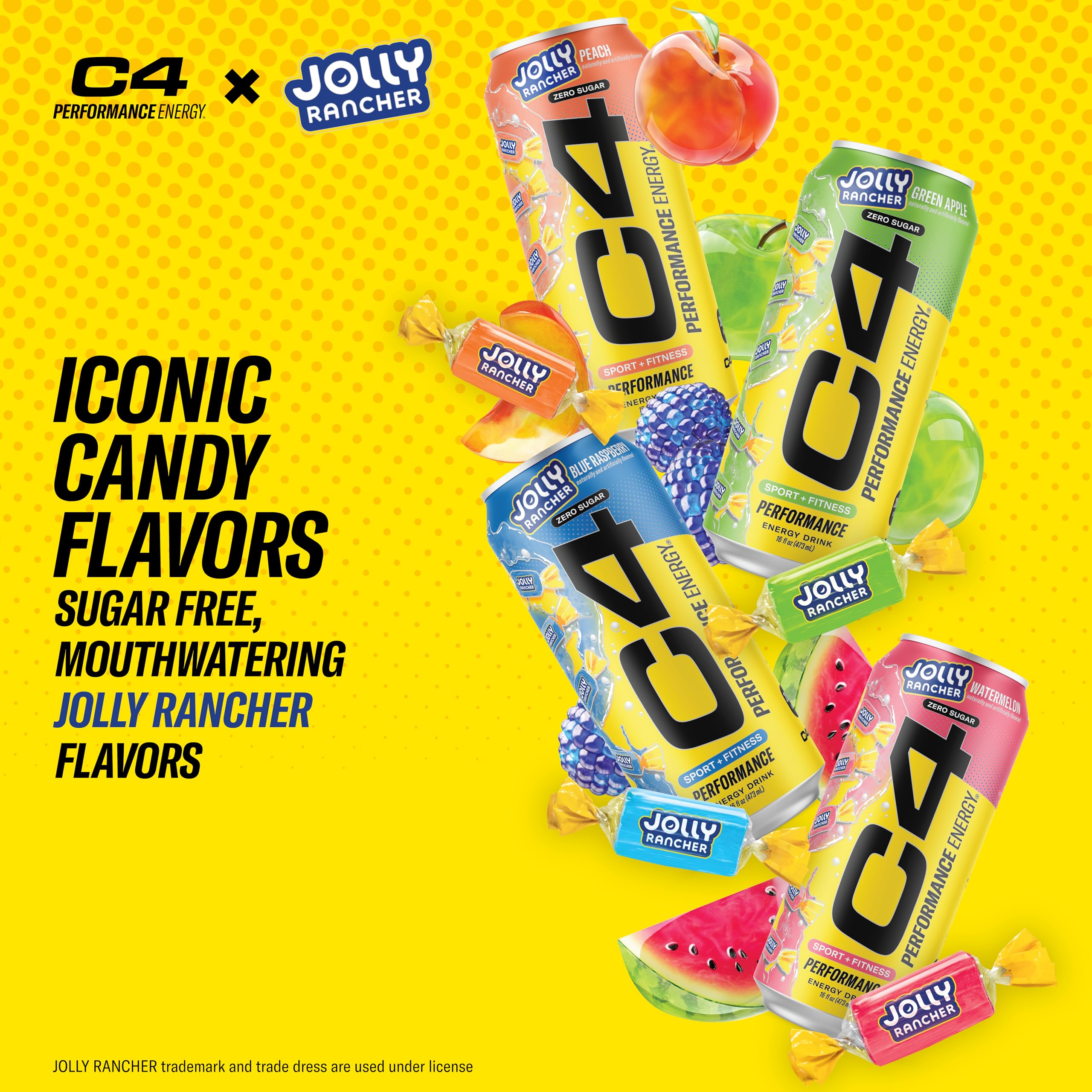 C4 Performance Energy Jolly Rancher variety pack cans with zero sugar for clean energy.