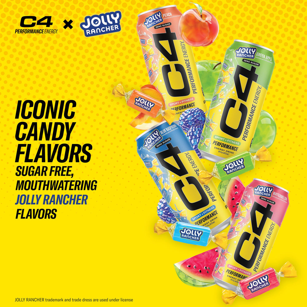 C4 Performance Energy Jolly Rancher variety pack cans with zero sugar for clean energy.