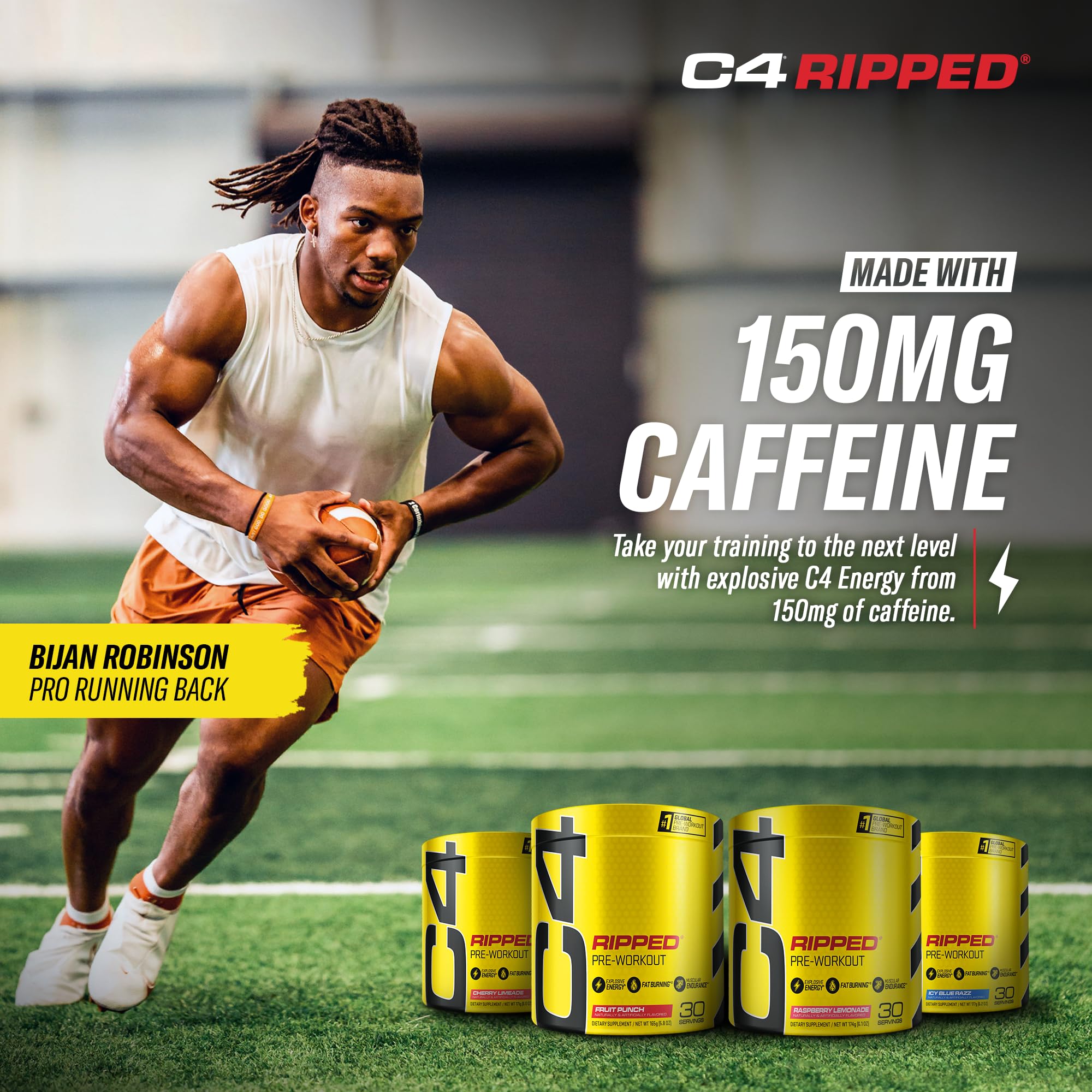 C4 Ripped Ice Blue Razz tub in a gym setting for workout energy