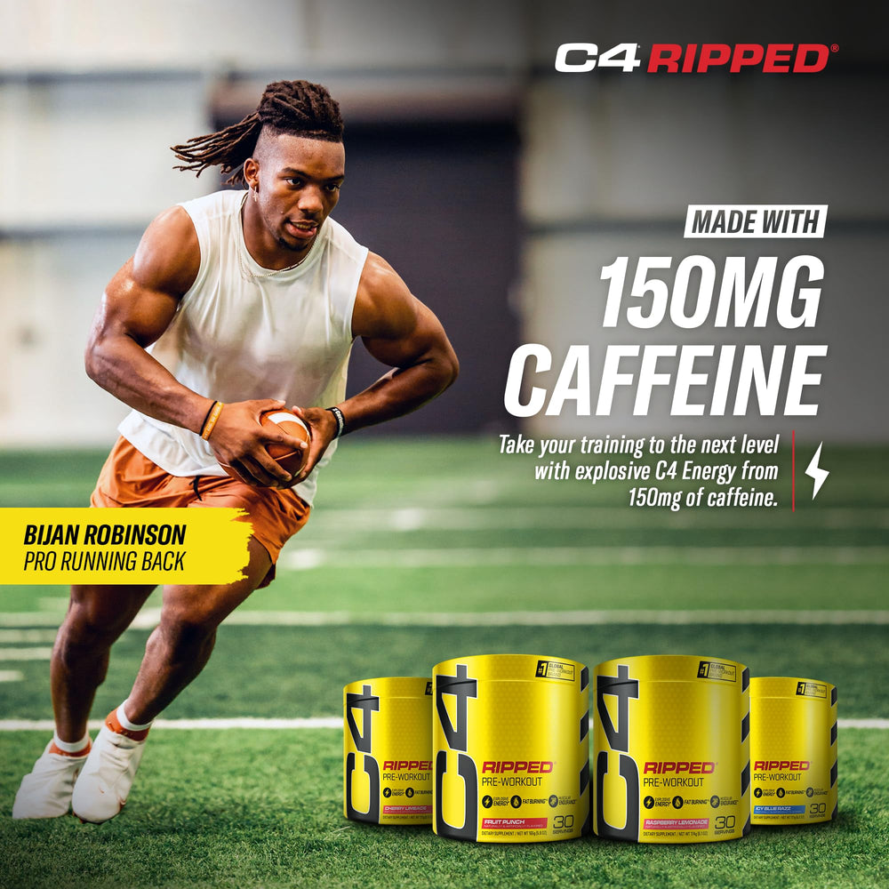 C4 Ripped Ice Blue Razz tub in a gym setting for workout energy