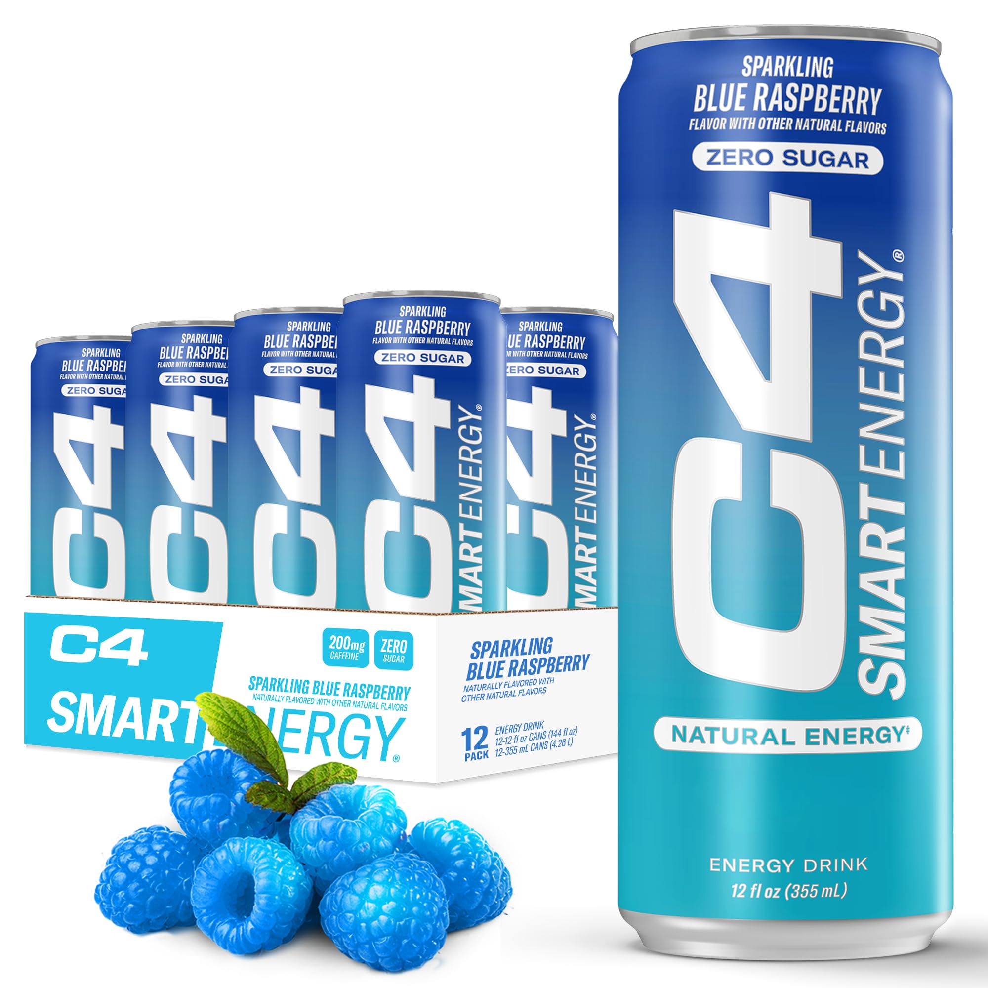 C4 Smart Energy blue raspberry can showing a sugar-free energy boost and focus