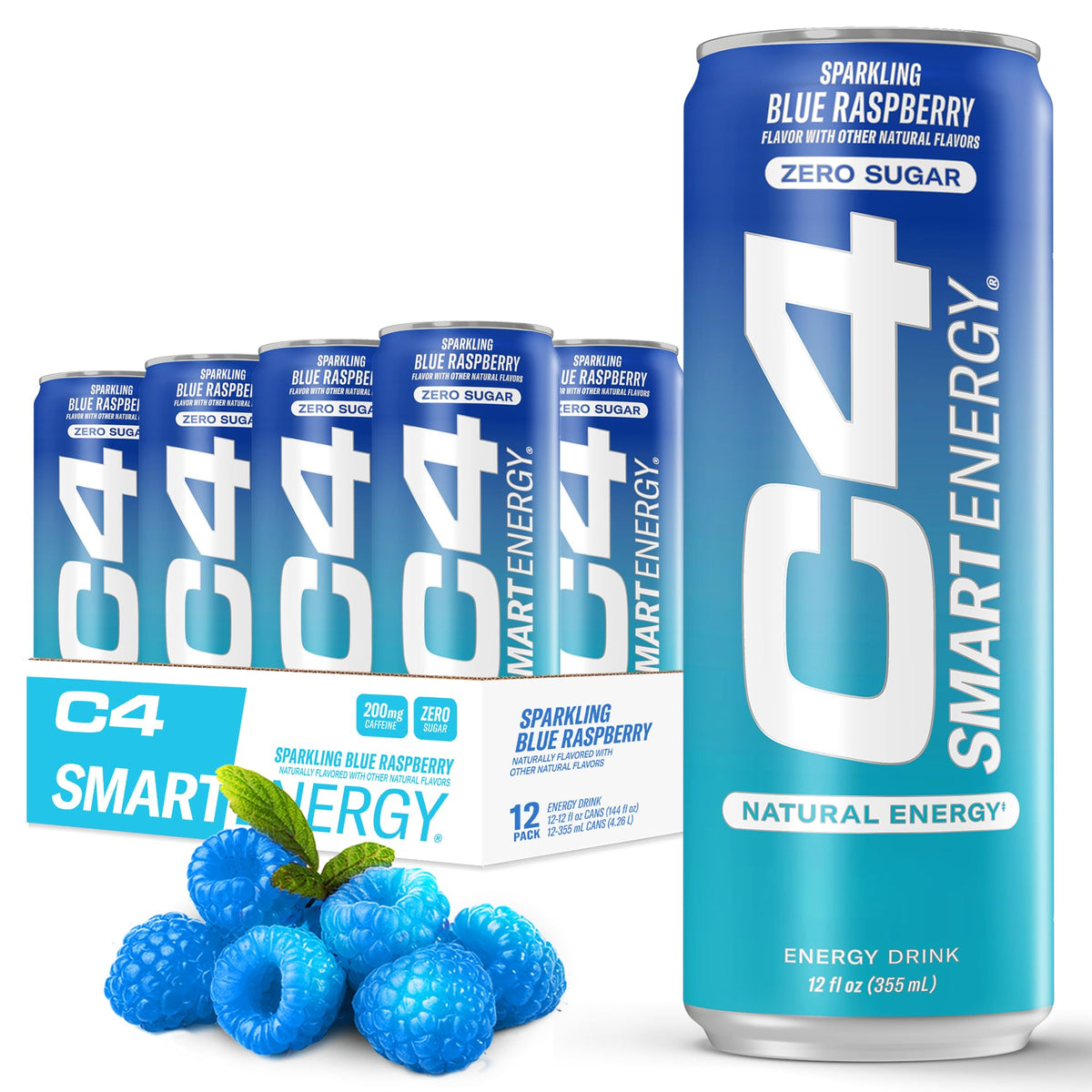 C4 Smart Energy blue raspberry can showing a sugar-free energy boost and focus
