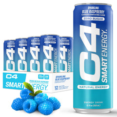 C4 Smart Energy blue raspberry can showing a sugar-free energy boost and focus