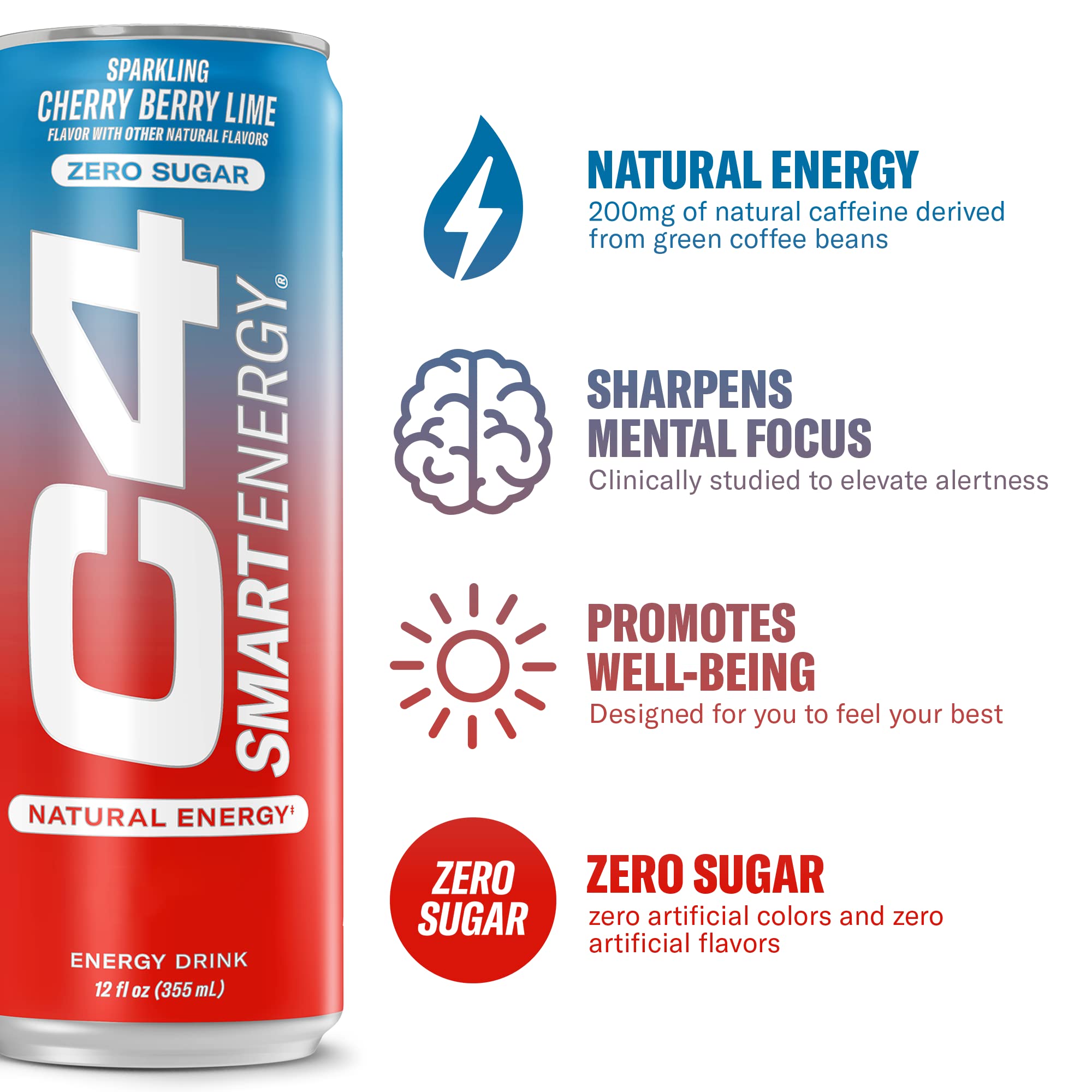C4 Smart Energy Cherry Berry Lime angled can highlighting convenient on-the-go energy.