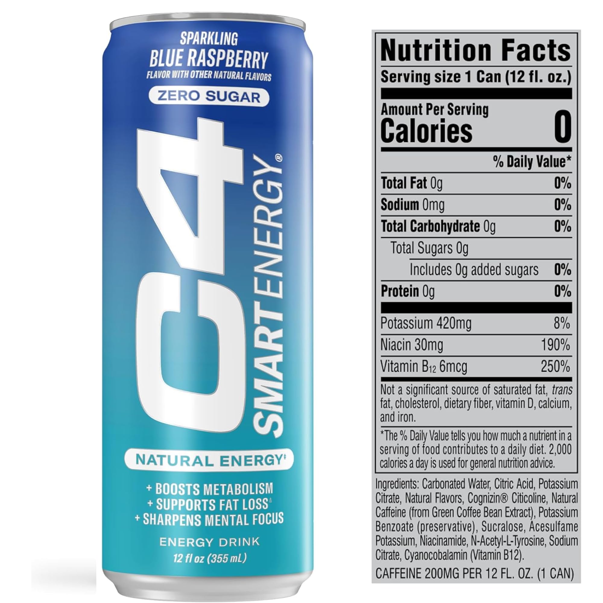 C4 Smart Energy zero sugar label emphasizing calorie-free energy