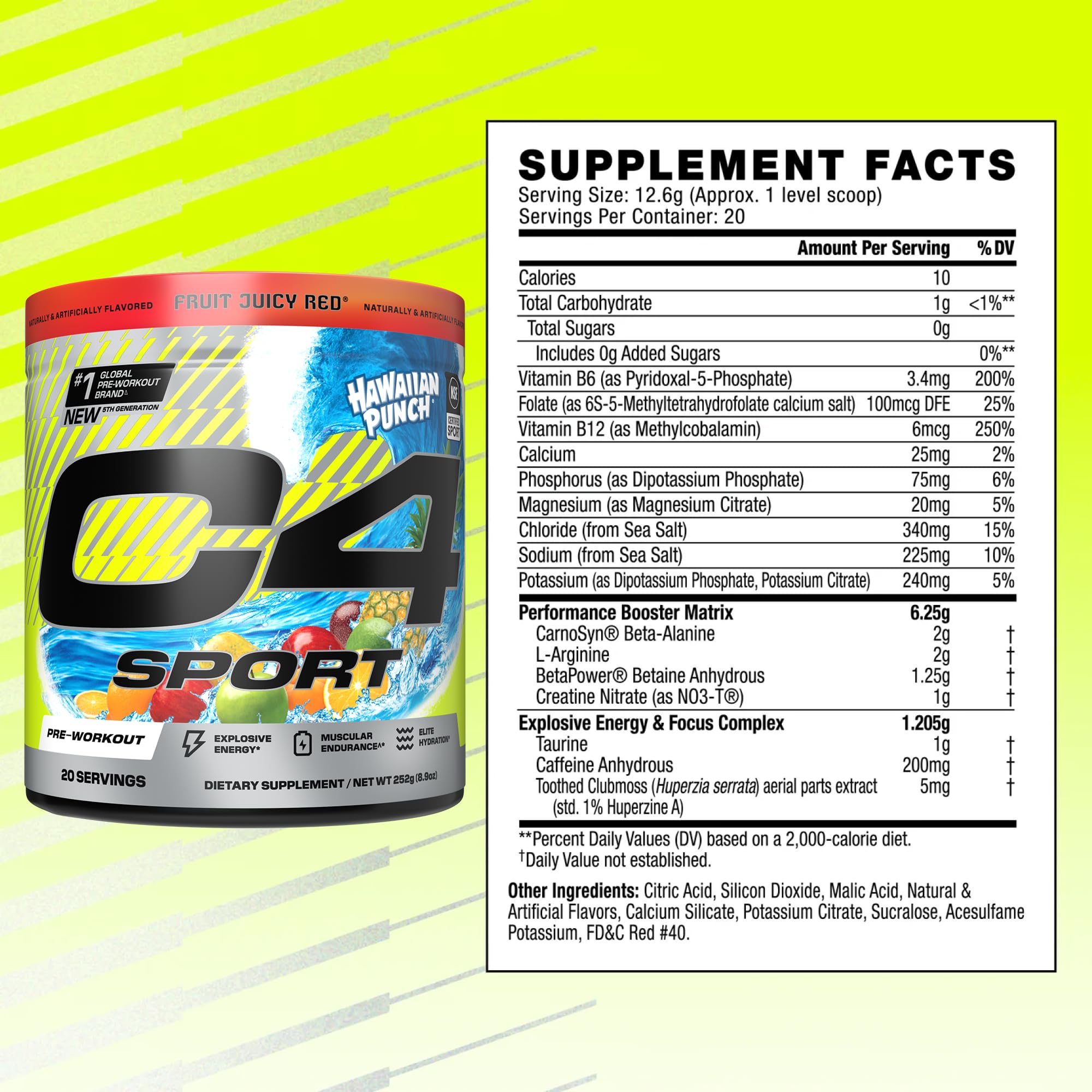 C4 Sport canister label with flavor, ingredients, and NSF certification details.