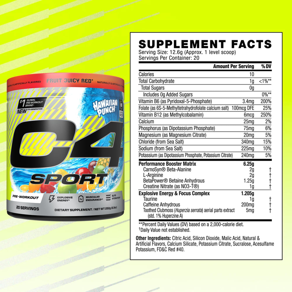 C4 Sport canister label with flavor, ingredients, and NSF certification details.