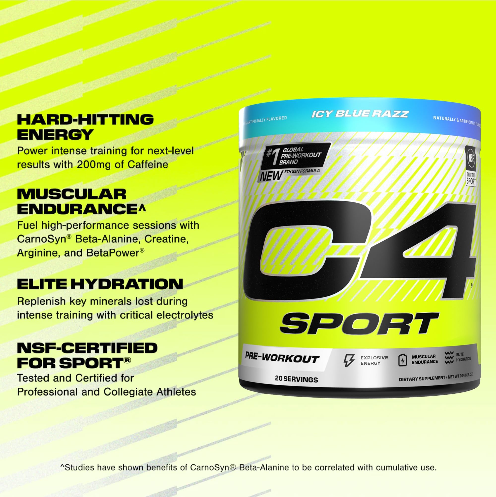 C4 Sport Icy Blue Razz powder scoop ready for pre-workout mix
