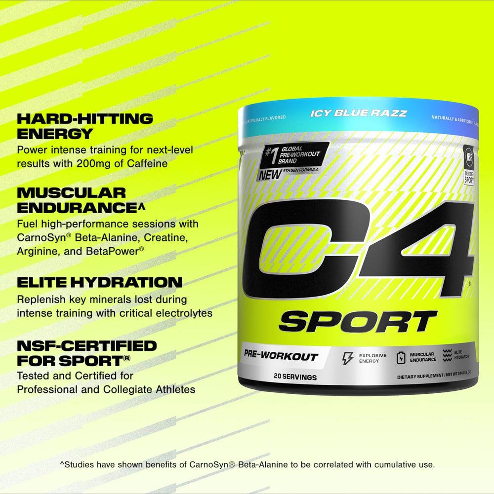 C4 Sport Icy Blue Razz powder scoop ready for pre-workout mix