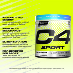 C4 Sport Icy Blue Razz powder scoop ready for pre-workout mix