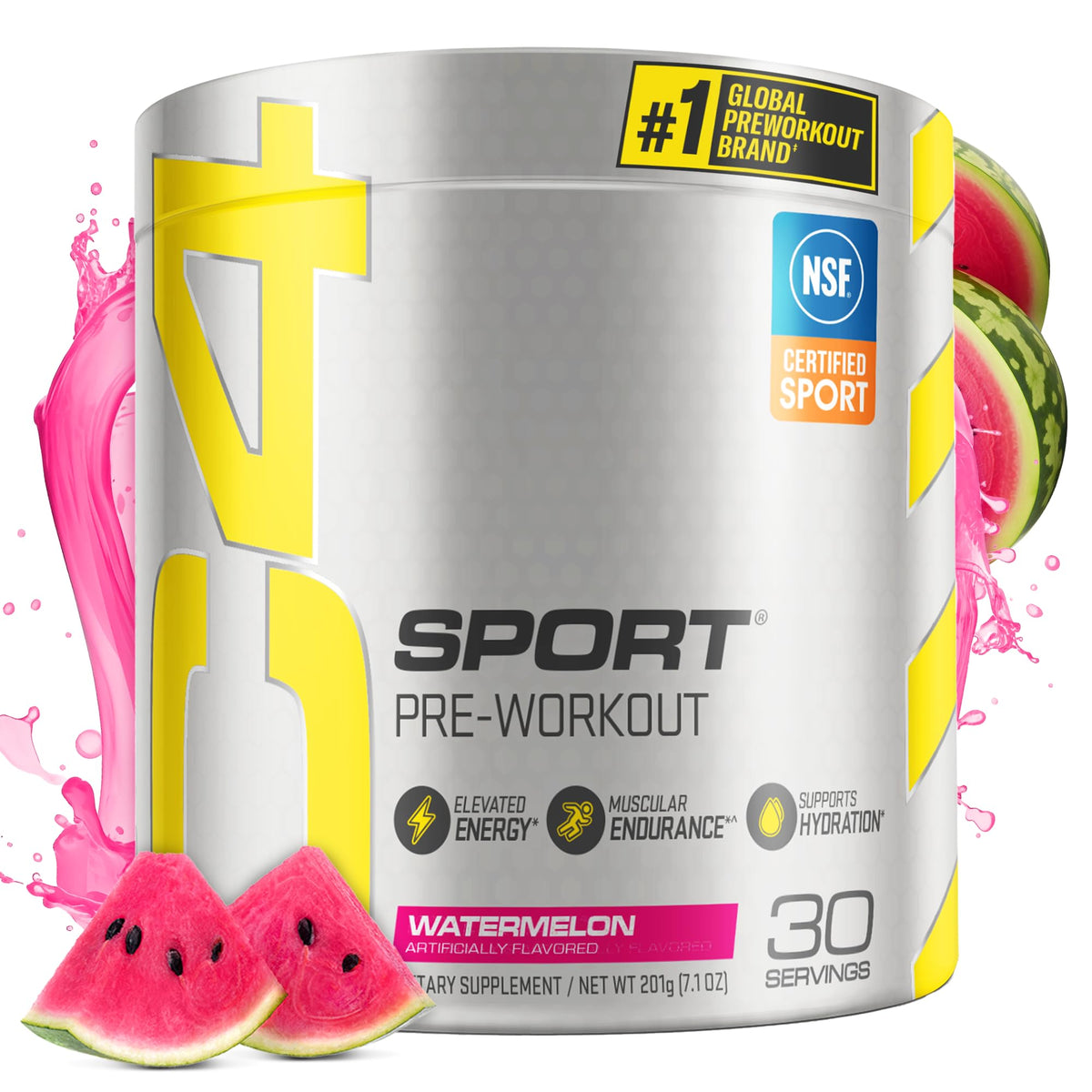 C4 Sport Watermelon powder tub shows NSF certification and label details for athletes.
