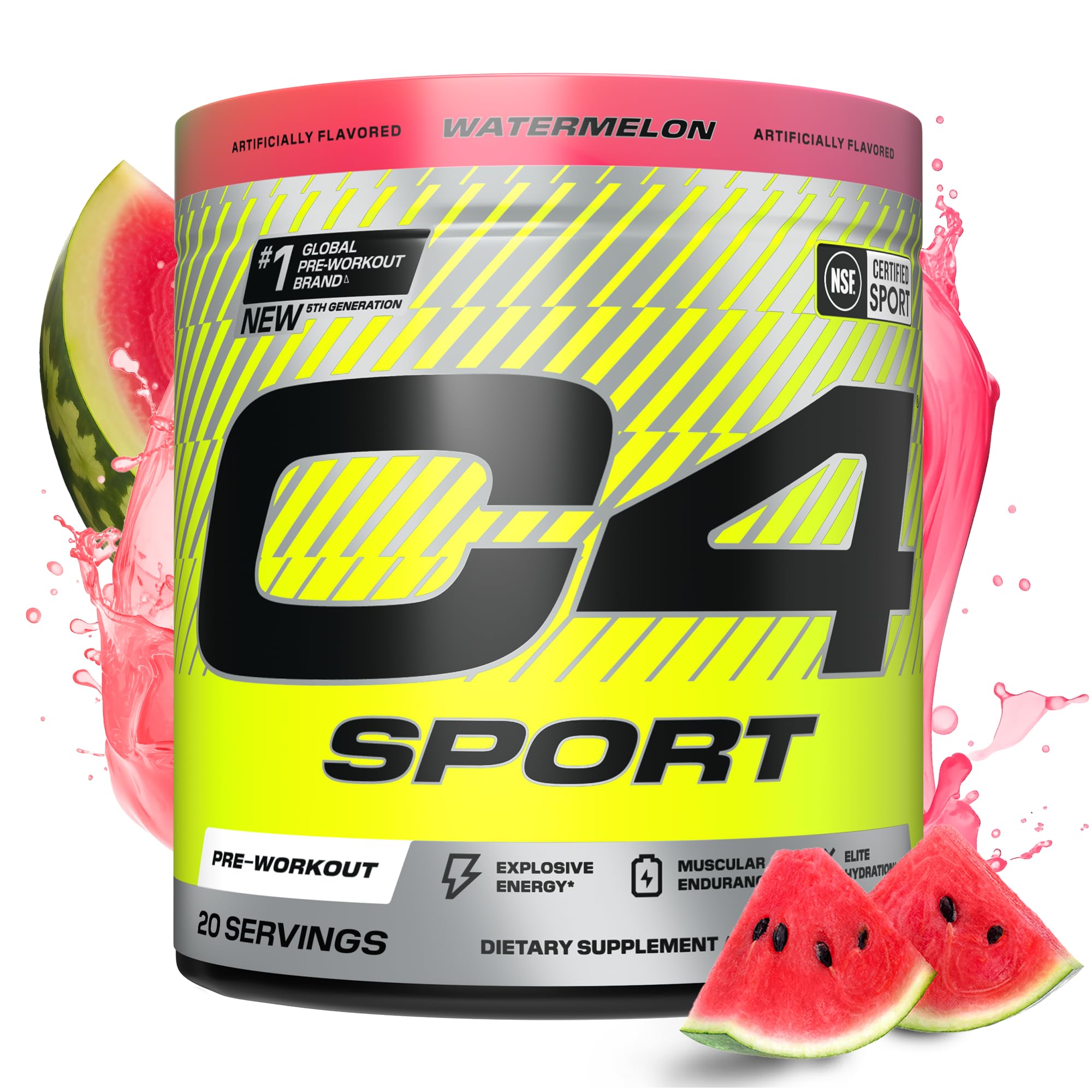 C4 Sport Watermelon powder tub shown for a high-energy workout experience.