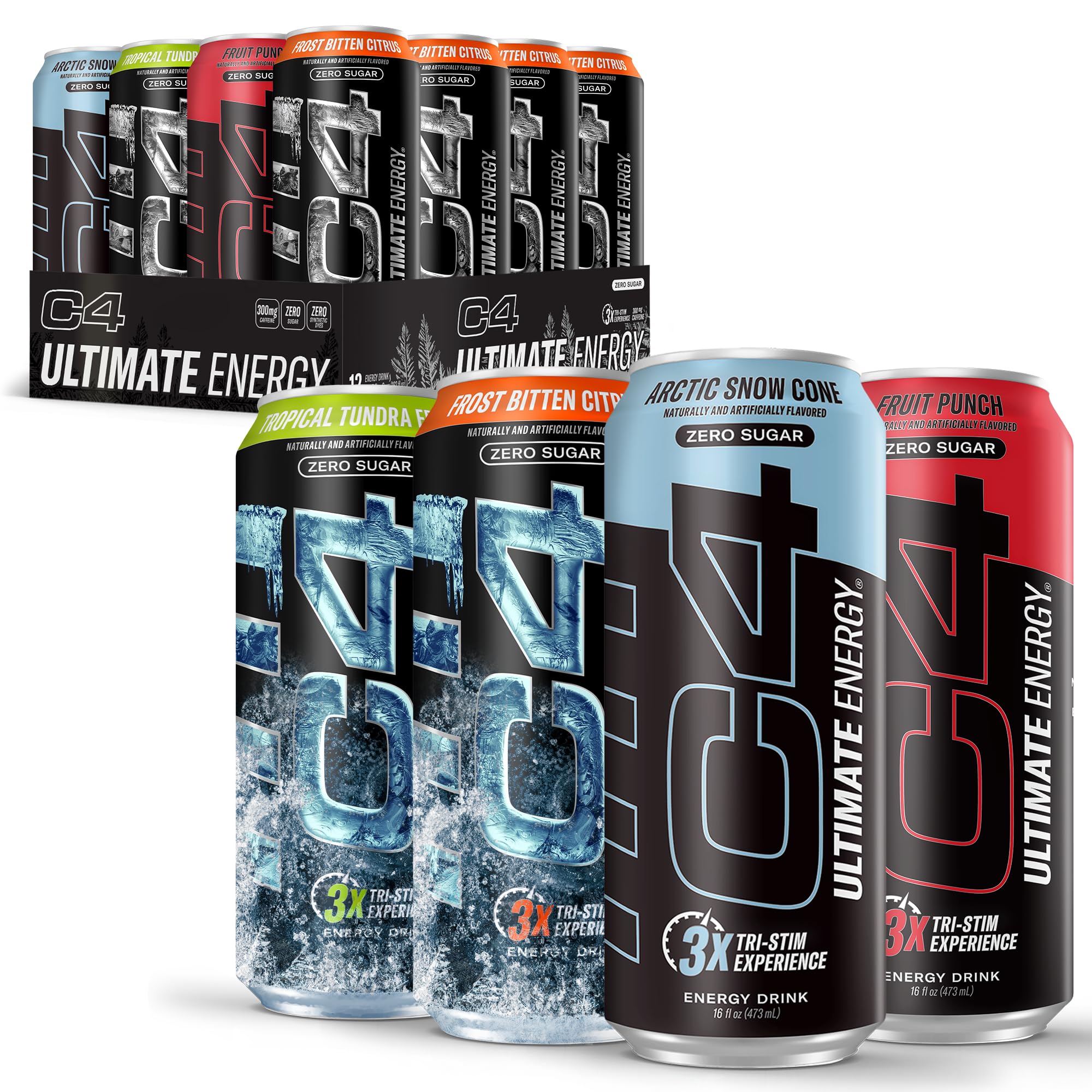 C4 Ultimate Energy front can shows bold branding and sugar-free formula for steady energy.