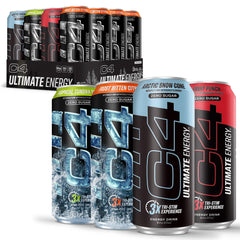 C4 Ultimate Energy front can shows bold branding and sugar-free formula for steady energy.