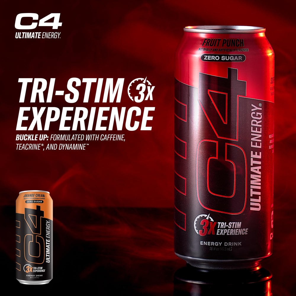 C4 Ultimate Energy nutrition panel presents caffeine and tri-stim components for informed use