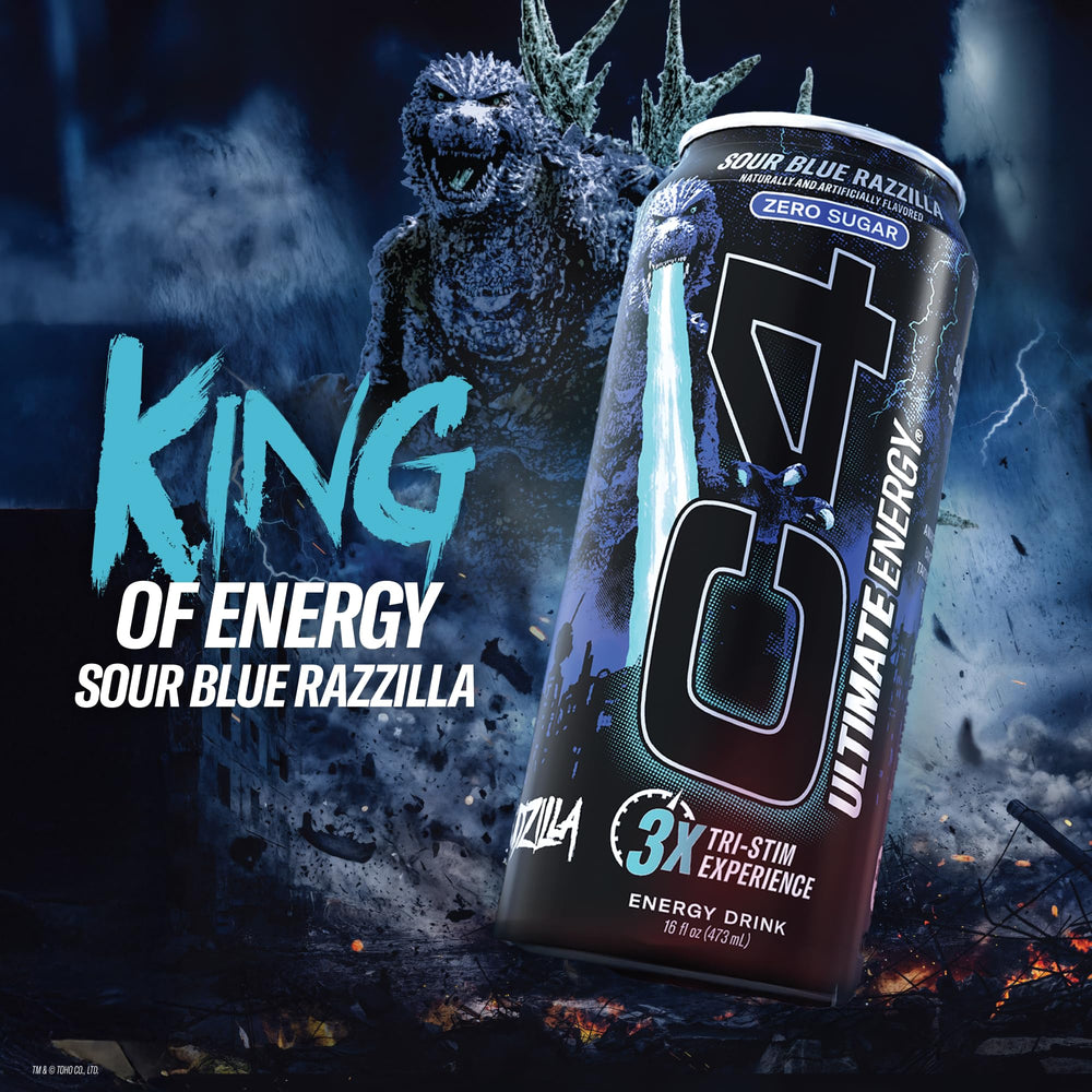 C4 Ultimate energy poured into a glass reveals refreshing, zero sugar energy.