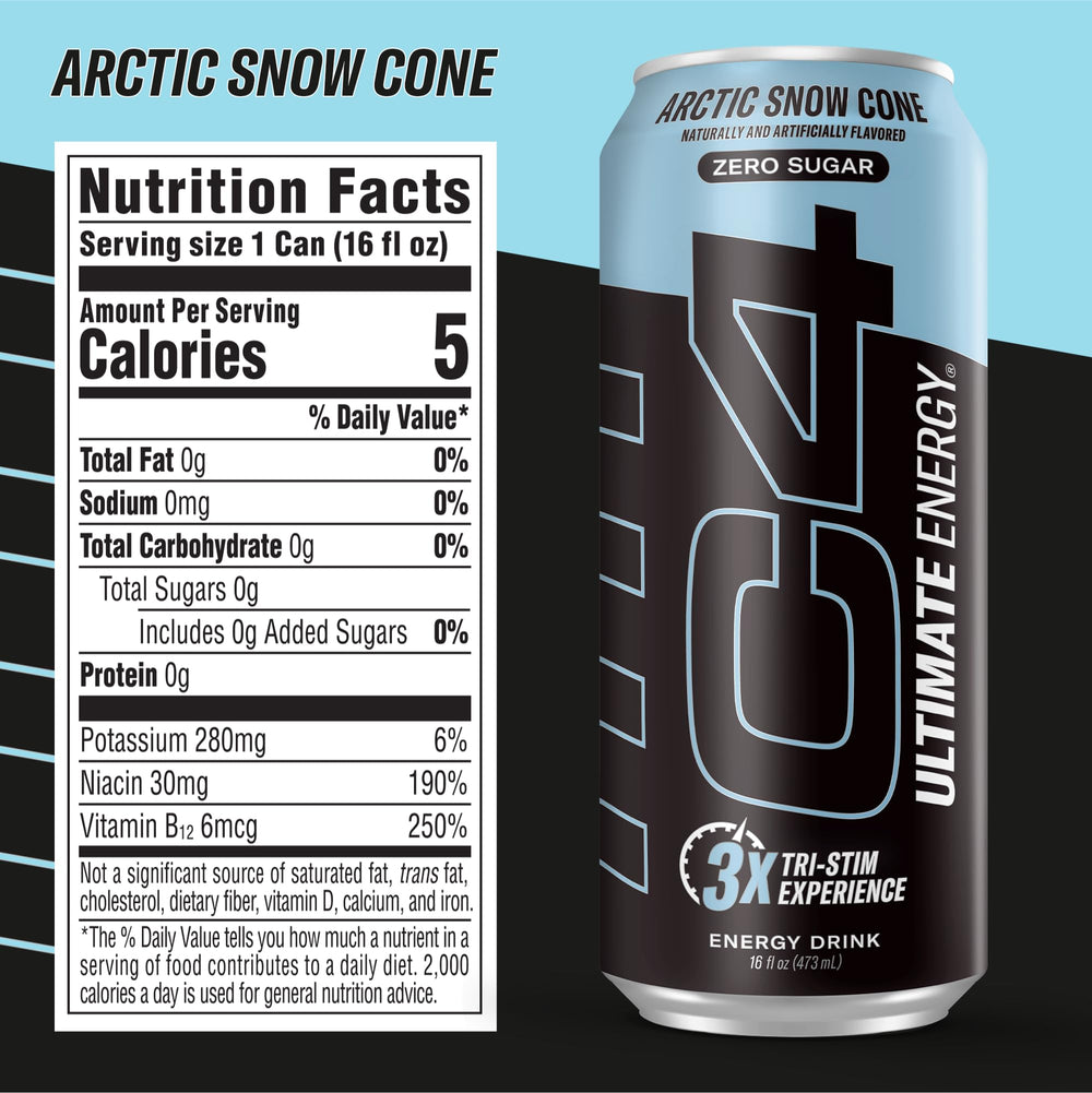C4 Ultimate Energy side label highlights 300 mg caffeine for extended alertness.