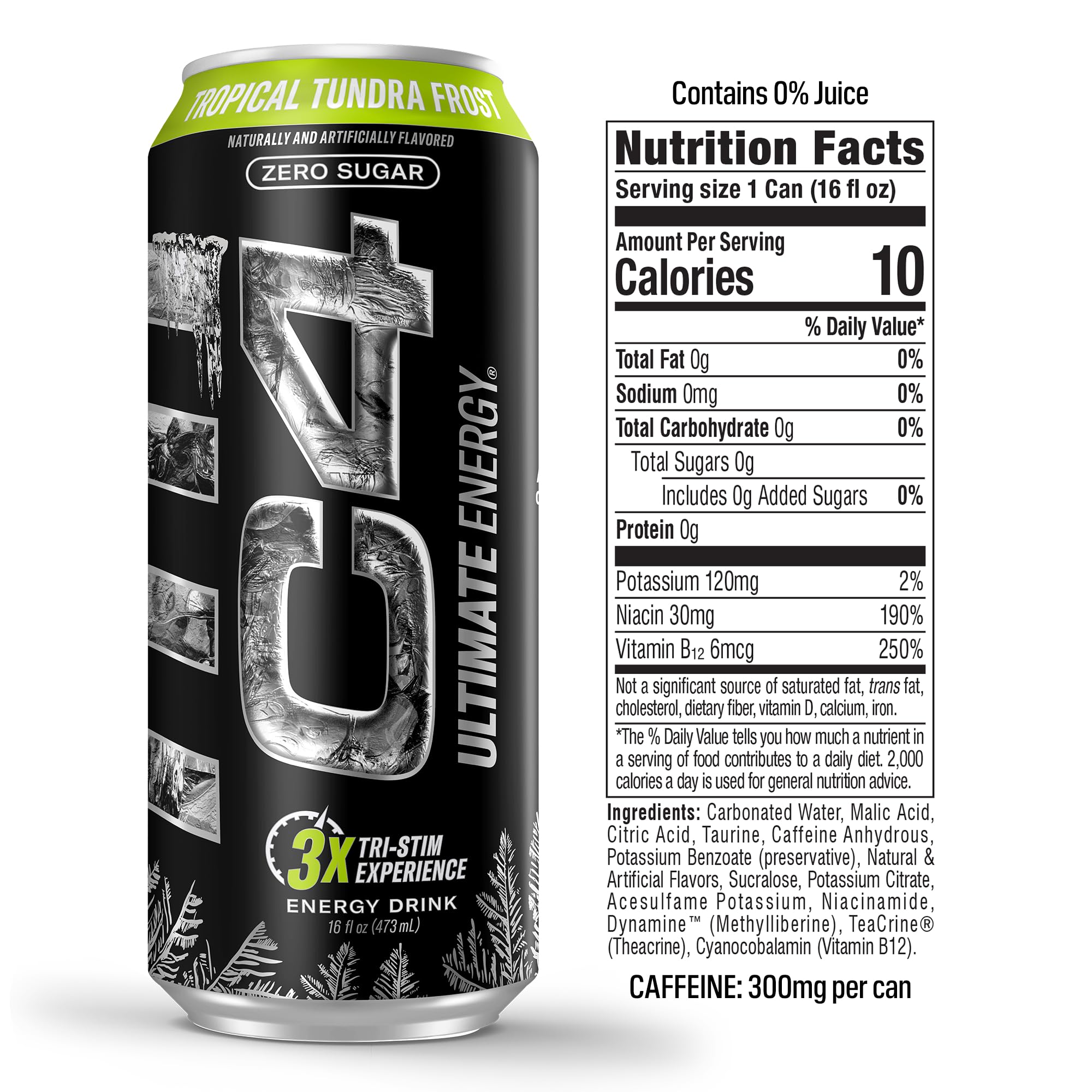C4 Ultimate Energy zero sugar panel highlights sugar-free refreshment without artificial colors.