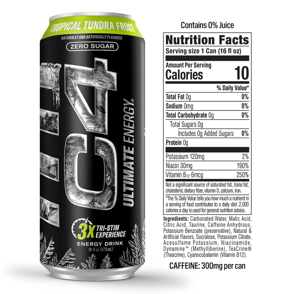 C4 Ultimate Energy zero sugar panel highlights sugar-free refreshment without artificial colors.