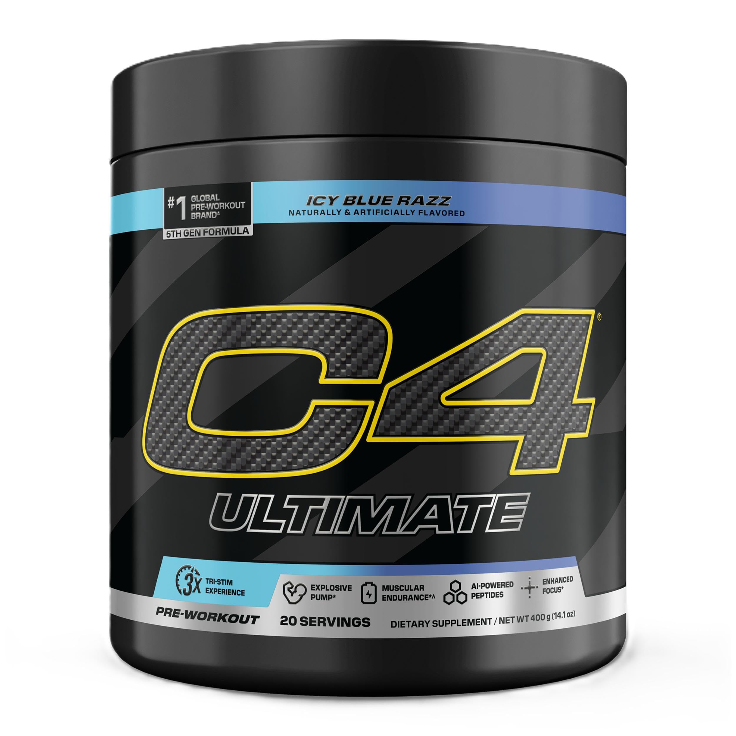 C4 Ultimate Icy Blue Razz tub shown for a crisp pre-workout boost