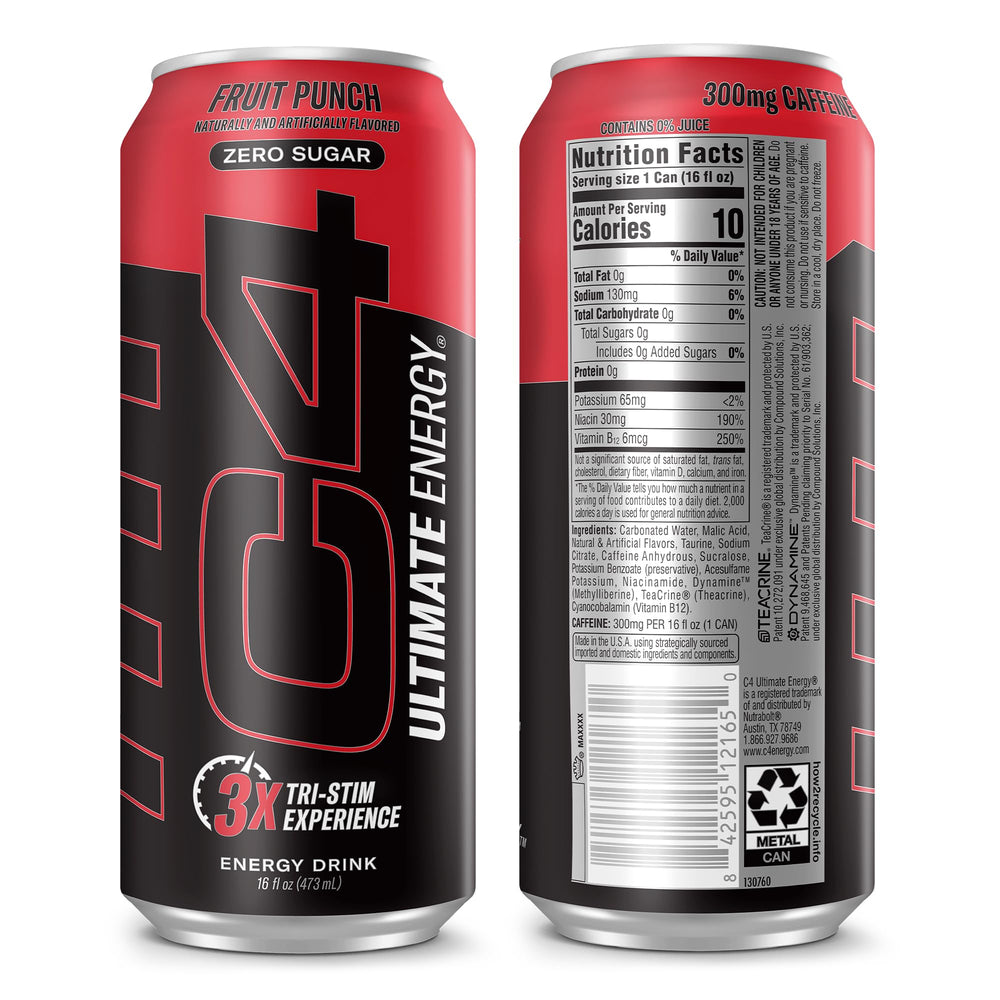 Nutrition facts panel on C4 Ultimate can with caffeine detail