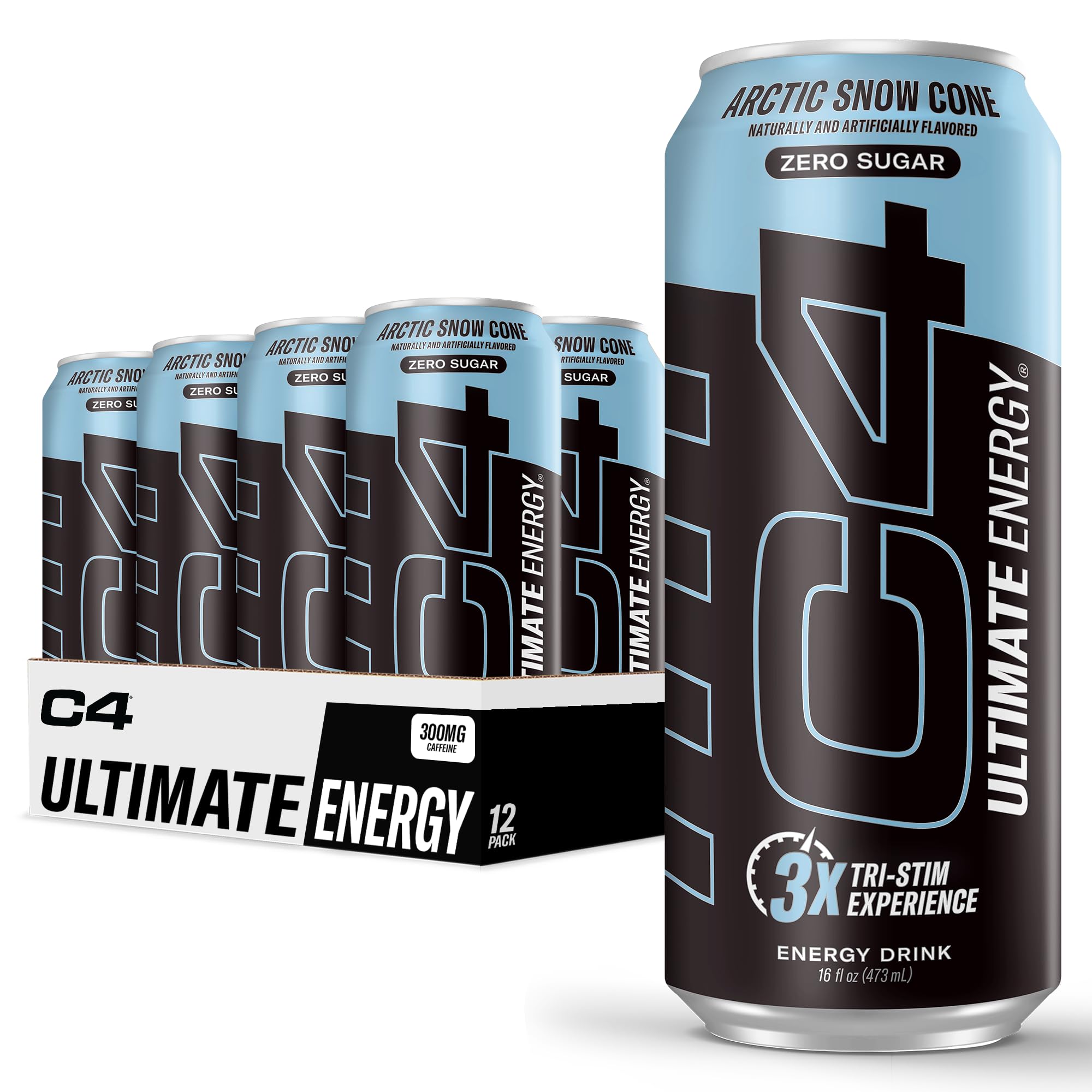 C4 Ultimate Sugar Free Energy Drink can front view, Arctic Snow Cone flavor, zero sugar