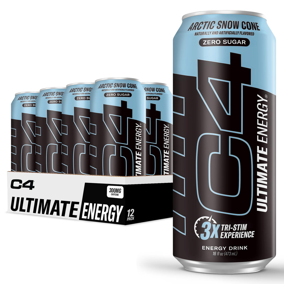 C4 Ultimate Sugar Free Energy Drink can front view, Arctic Snow Cone flavor, zero sugar