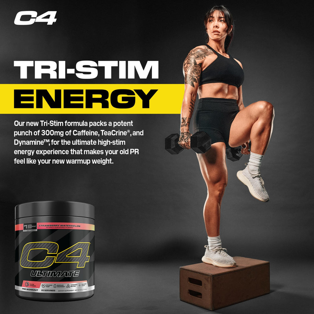 C4 Ultimate Watermelon powder shown with a shaker bottle for easy preparation.