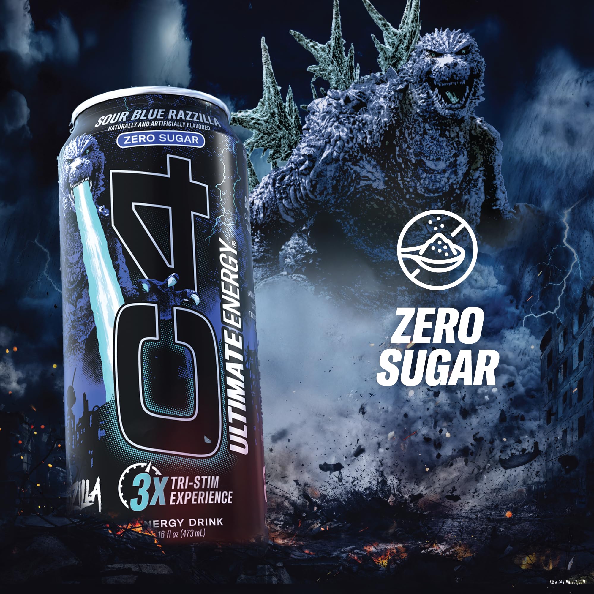 C4 Ultimate zero sugar label emphasizes no sugar and no artificial dyes.
