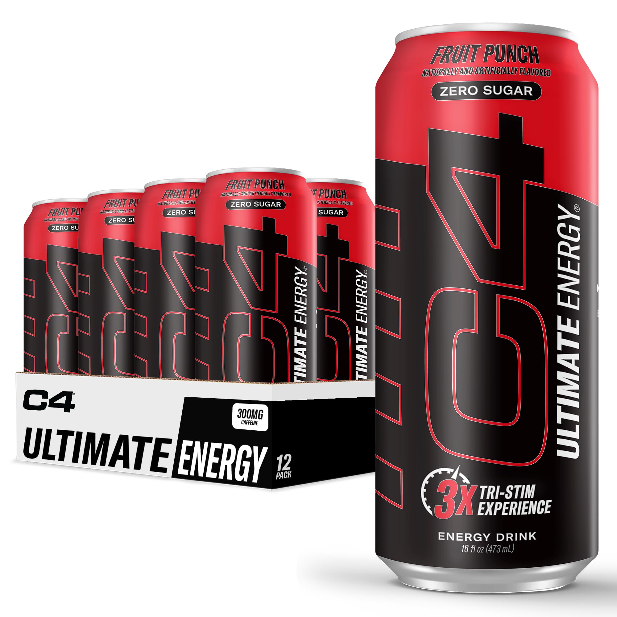 C4 Ultimate Zero Sugar Fruit Punch can on display for a sugar-free energy boost