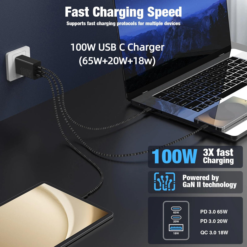 Cabepow 65W three-port charger in use charging devices.