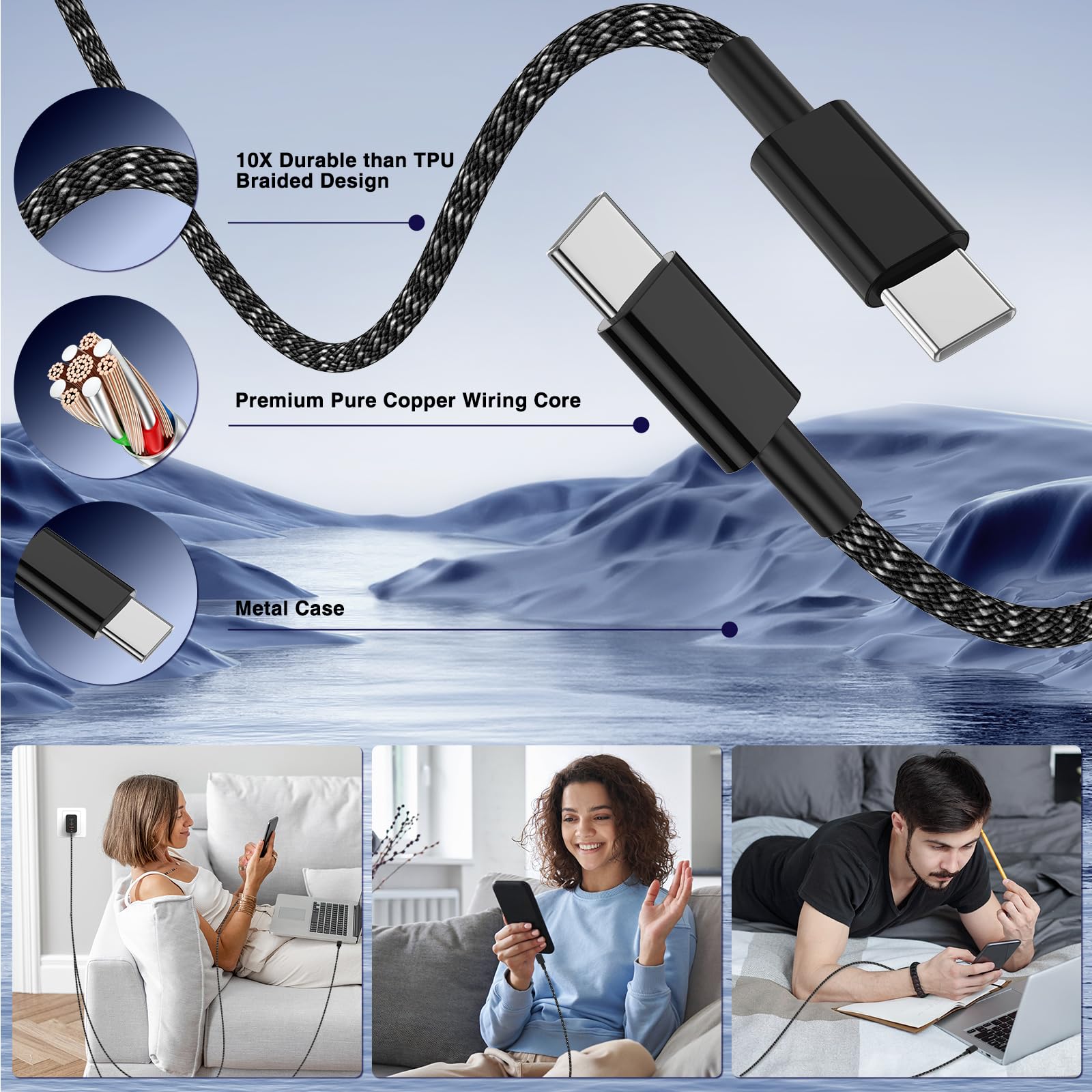 Cabepow braided 10ft USB-C cable for flexible charging.