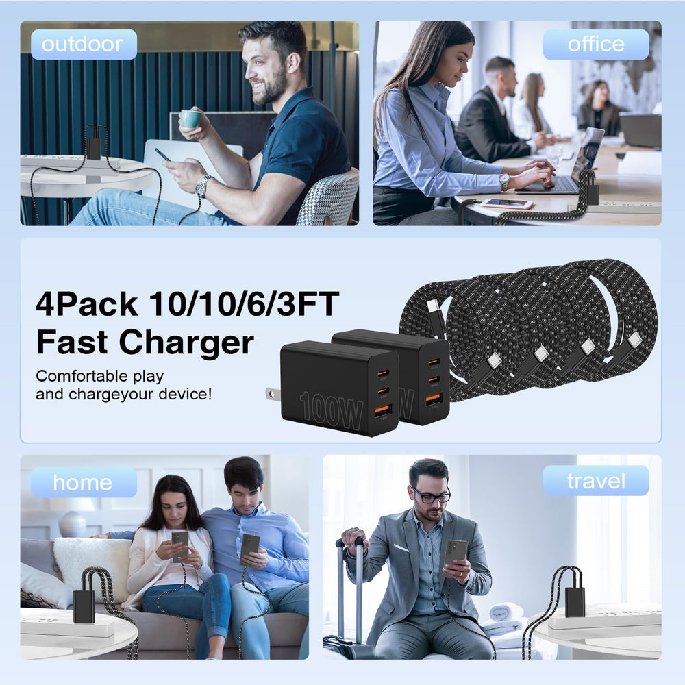 Cabepow 65W charger compatible with Samsung and iPhone.