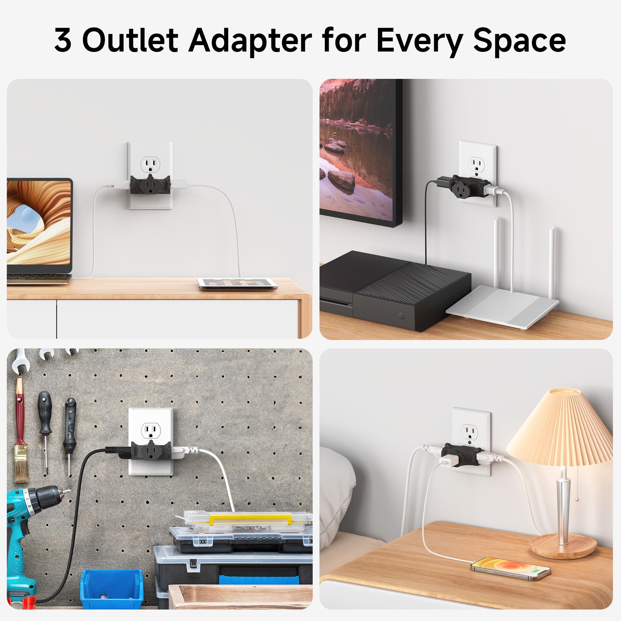Cable Matters 3-way outlet adapter in use powering TV, computer, and lamp safely