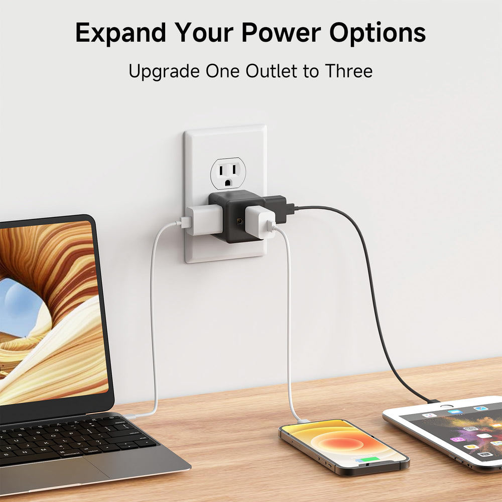 Cable Matters 90-degree design outlet adapter; compact cube tap fits behind furniture.