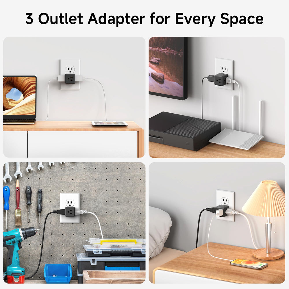 Cable Matters black 3-outlet wall adapter; sleek compact power extender for desks or hotel rooms.