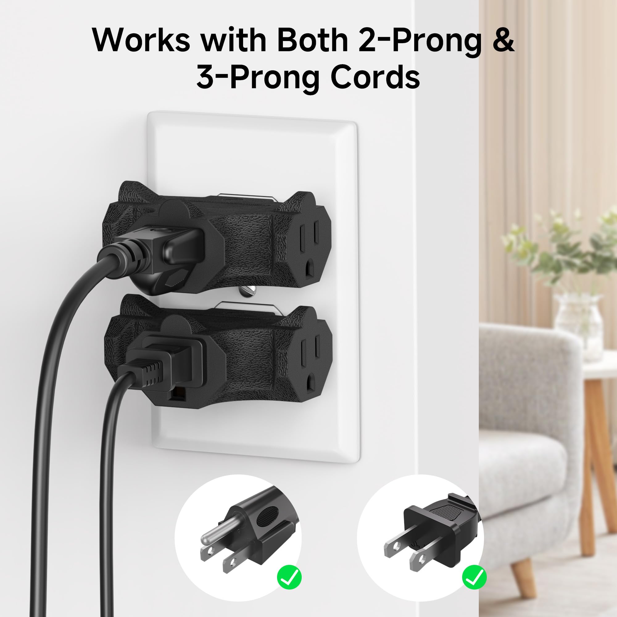 Cable Matters black 3-prong splitter blends with décor for flexible setup