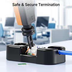 Cable Matters punch-down stand accommodates 180-degree jacks for flexible terminations