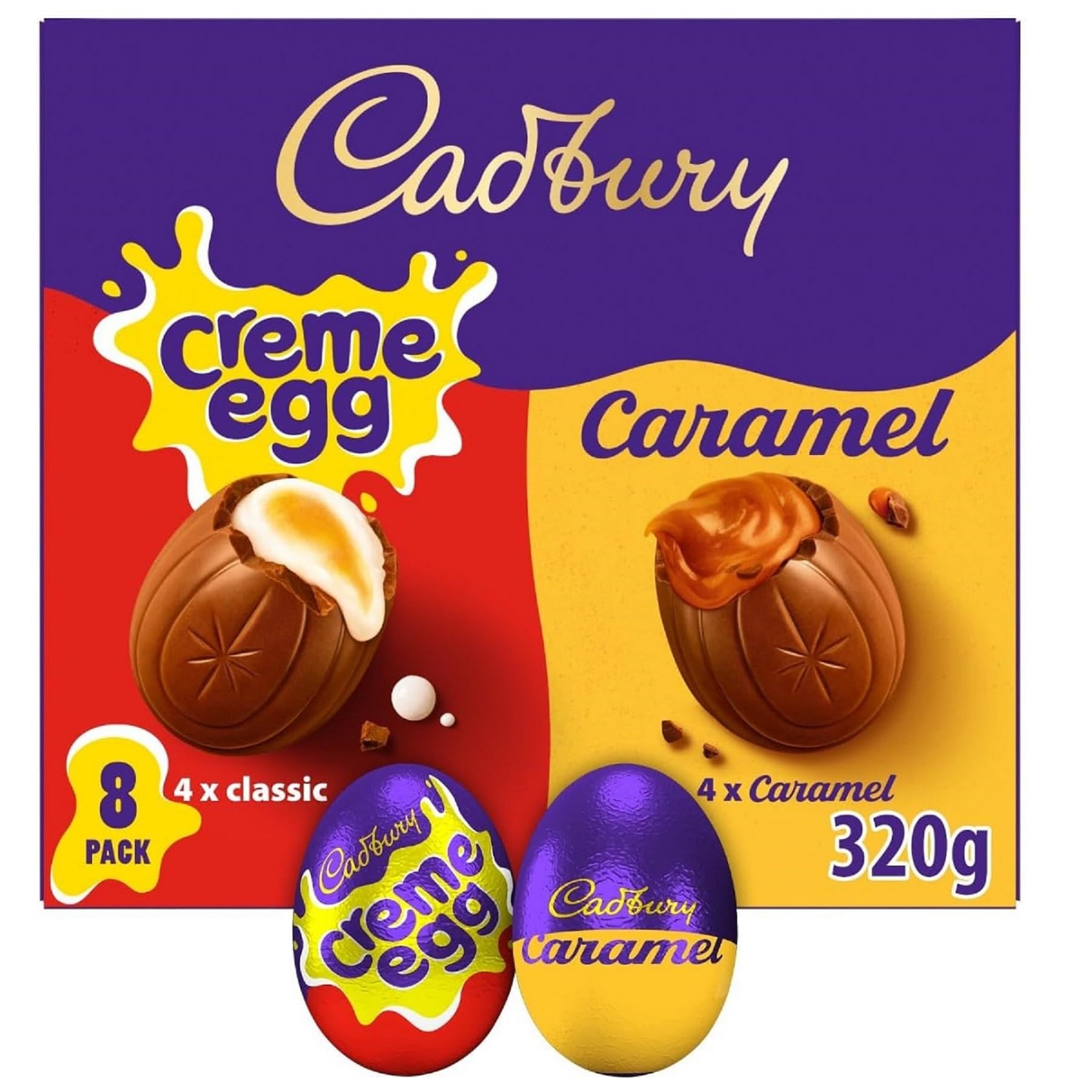 Front view of Cadbury Creme Egg & Caramel Egg 8-pack, ideal for Easter gifting.