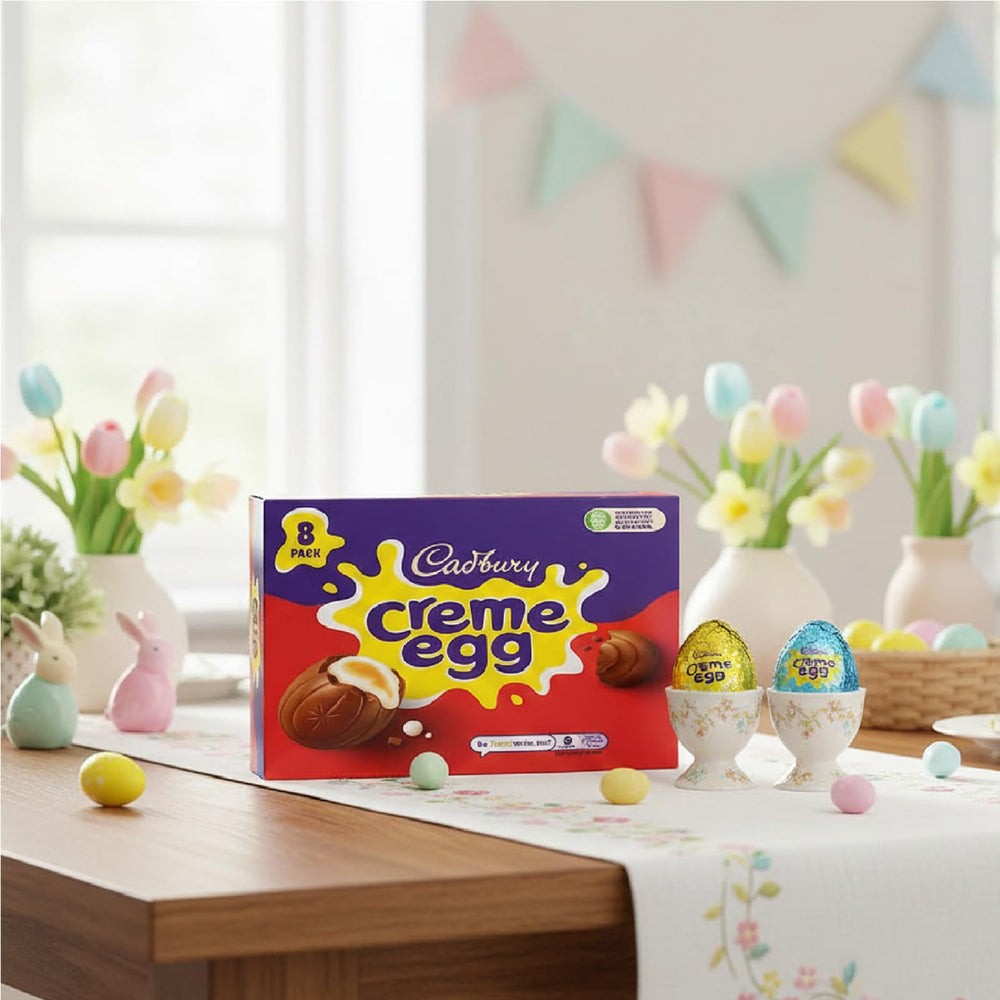 Cadbury Creme Eggs 8-pack on a festive table setup